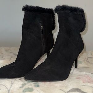 Nine West Black Suede Heeled Boots with Fur Accent